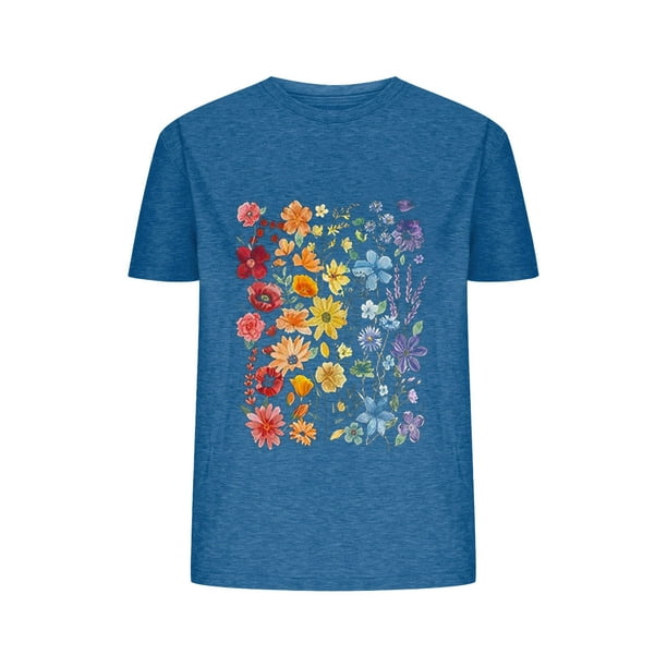 Camisetas de Verano de Mujer Pequeña Flor Impresa Cuello Redondo Manga Corta Superior, Verano Superior de las Mujeres