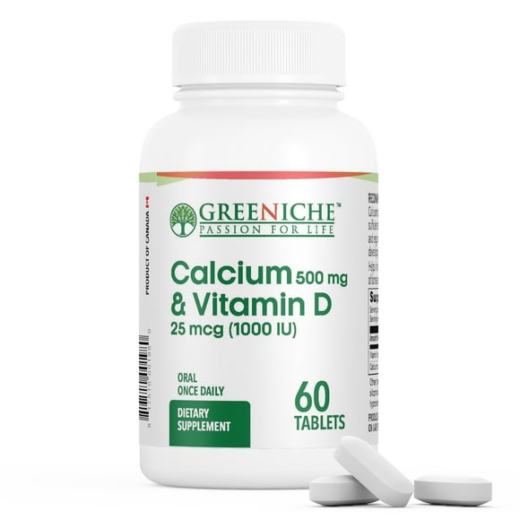 Greeniche Natural | Halal Calcium & Vitamin D | 60 Tablets | 500 mg Calcium & 1,000 IU of Vitamin D | Gluten-Free | Dairy-Free | Soy-Free | Non- GMO |