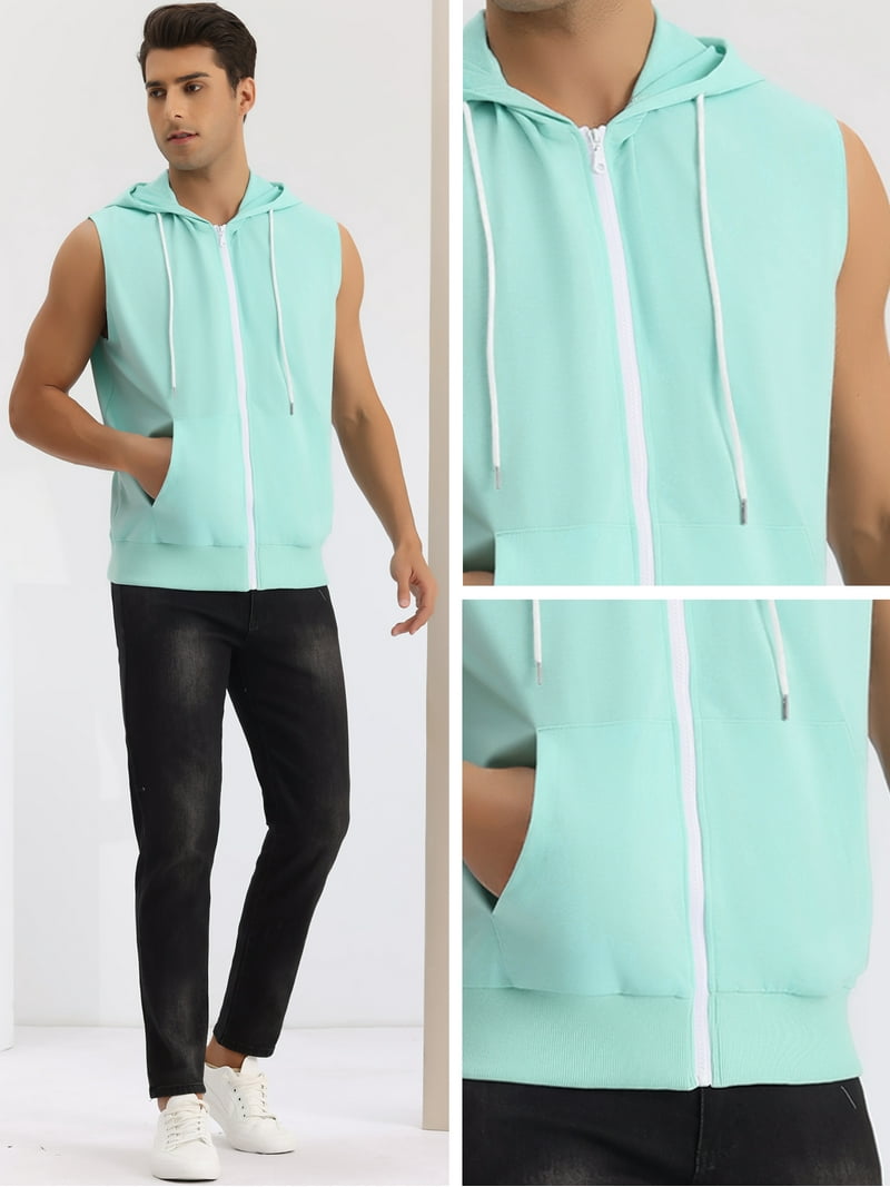 Unique Bargains Men's Sleeveless Hoodie Zipper Drawstring