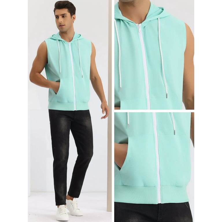 Unique Bargains Men s Sleeveless Hoodie Zipper Drawstring Hooded Sweatshirt Vest L Mint Walmart