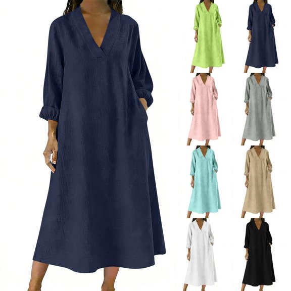 HBBIKVI Blouson Sleeve Midi Dress for Women Casual Long Sleeve V-Neck Shift Dress with Exterior Pockets and Loose Fit for Everyday Casual Style