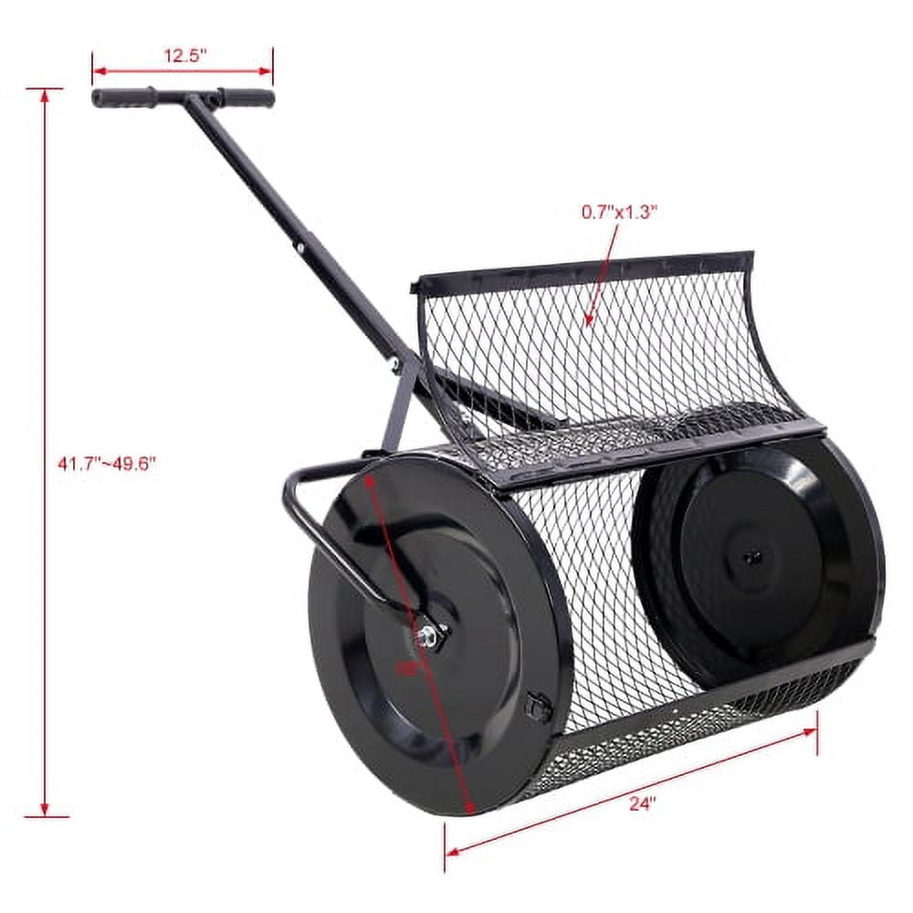 Zateety Peat Moss Spreader 24 Inch, Heavy Duty Compost Spreader Metal Mesh, Black Lawn Roller with T Handle for Manure Topsoil Mulch - Walk Behind Garden Tool