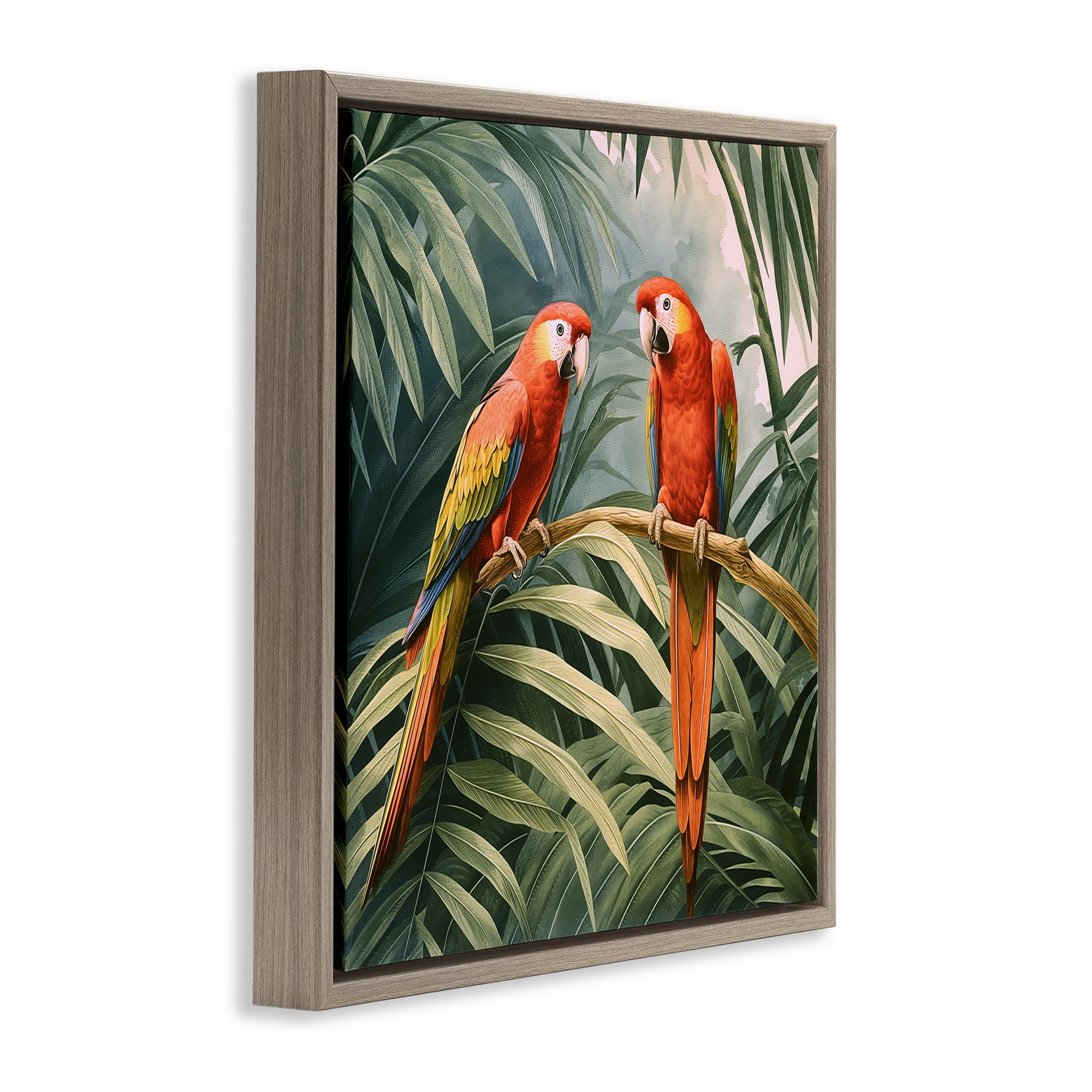 Stupell Industries Parrot Duo in Rainforest Animals Painting Brown Floater Framed Canvas Art Print Wall Art, 25 x 25