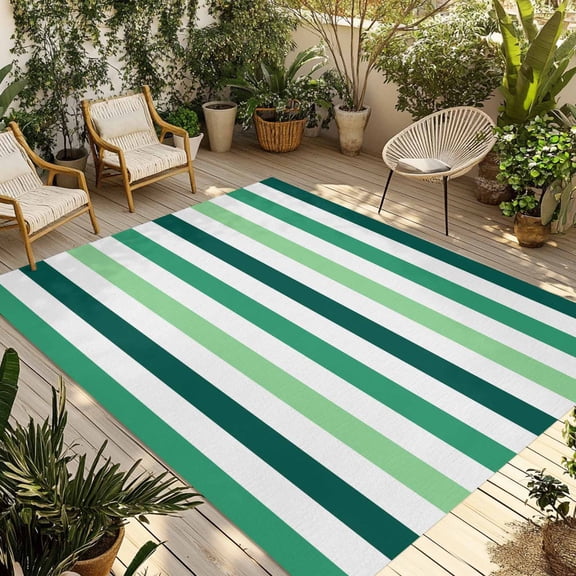 Green Striped Outdoor Area Rug 6x9ft Decorative Indoor Outdoor Rug Summer Patio Area Rug for Porch, Deck, Balcony, Entryway, Camping & RV