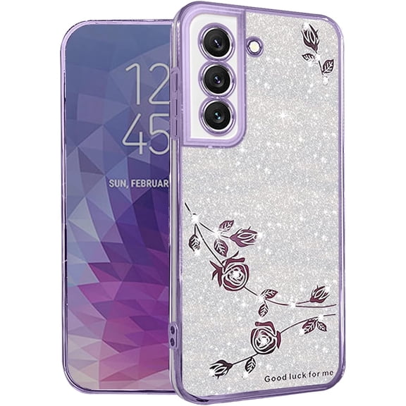 for Samsung Galaxy S21 Plus Case Clear Glitter Sparkle Luxury Shiny Phone Case Samsung S21 Plus Case Silicone TPU Soft Flower Transparent Shockproof Cover Pruple Thin (Silver-Purple)