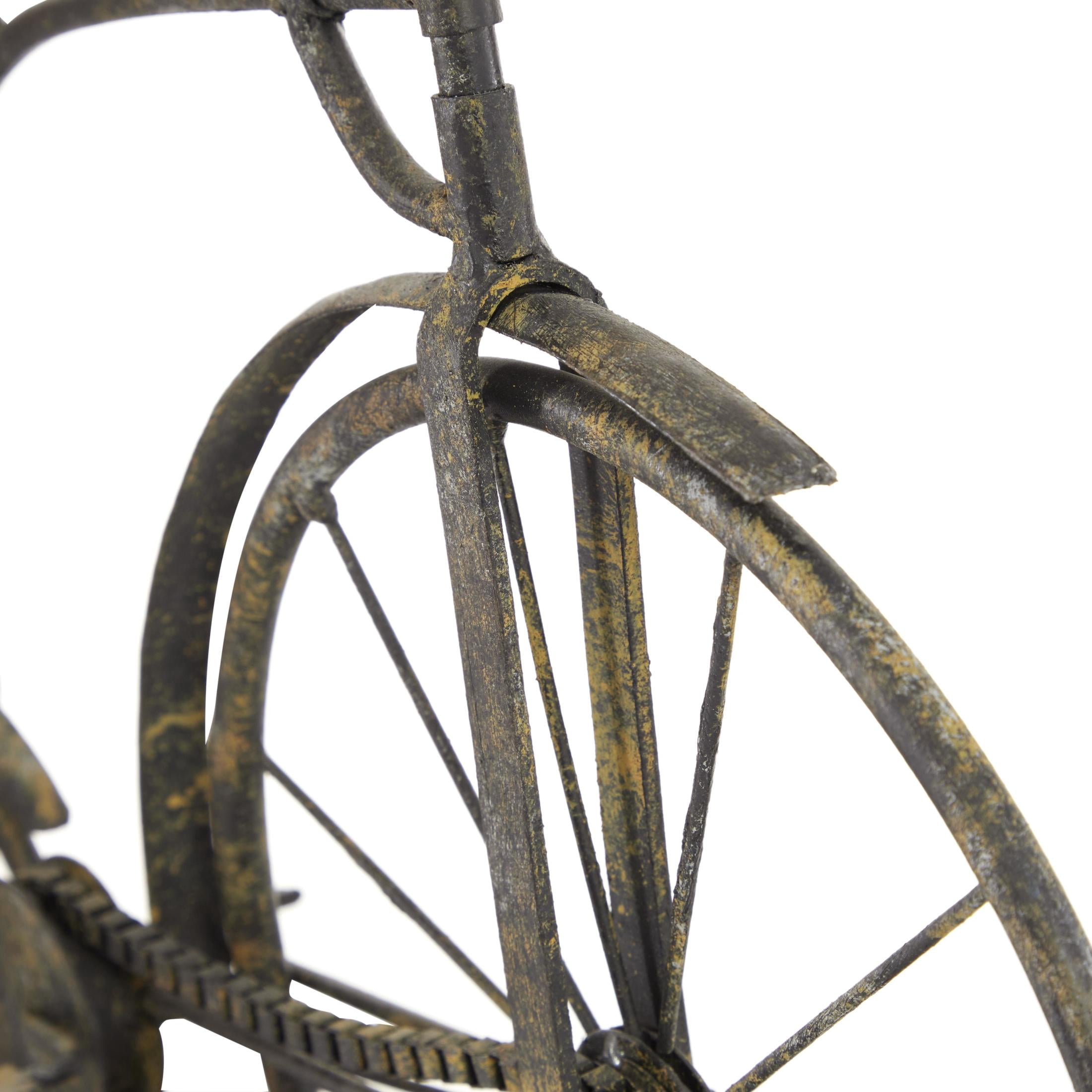 16" x 14" Black Metal Weathered Vintage Bike Sculpture with Wood Block Base, by DecMode