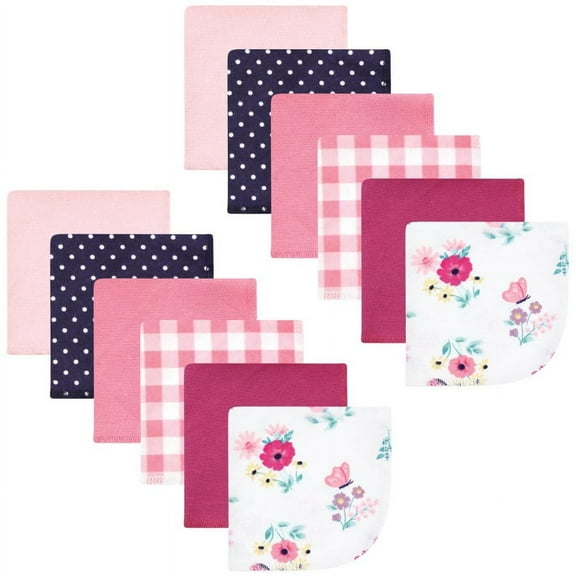 Hudson Baby Infant Girl Flannel Cotton Washcloths, Butterfly Floral 12 Pack, One Size