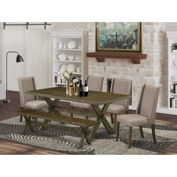 East West Furniture X-Style 6-piece Wood Dining Set in Jacobean Brown/Khaki
