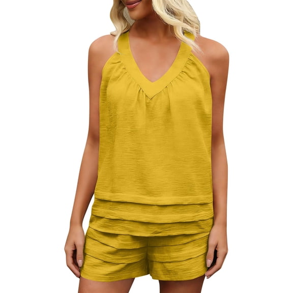 Aofany Women's 2 Piece Set, Sleeveless Short Summer Outfit, V-Neck Tank Top Elastic Waist Shorts Pocket Leisure Outfit Set
