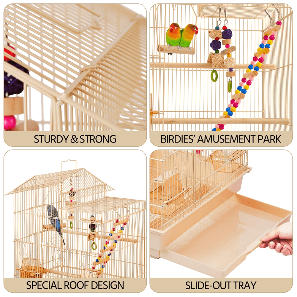 Alden Design 39"H Metal Large Roof Top Parrot Cage with Perches and Toys, Almond