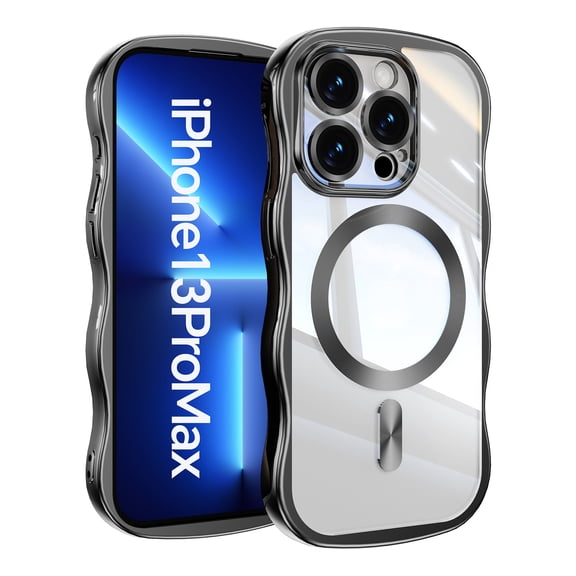 Decase for iPhone 13 Pro Max Magnetic Case Clear Back Cover,Compatible with Mag-Safe,Full Camera Protection,Cute Wave Frame,Electroplated Wavy Bumper Shockproof TPU Phone Case,Black