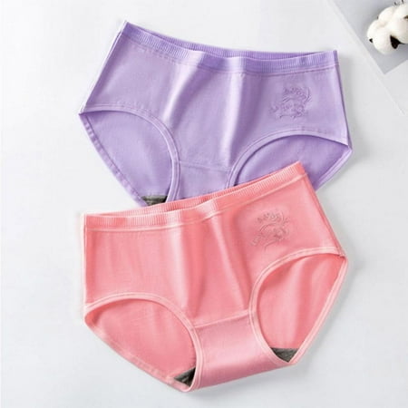 Female Briefs Women Panties Cotton Underpanties Lady Middle Waist Briefs Comfortable Elastic Underwear Moisture Absorption Briefs 2-Pack