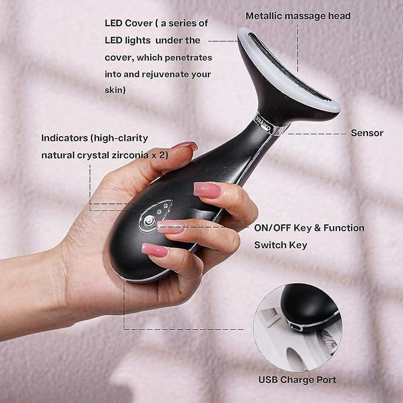 VRAIKO Lily Neck Face Massager, Face Sculpting Tool, Skin Rejuvenation Device with Thermal, Triple Action LED and Vibration, for Anti-Aging, Lifting and Tightening Sagging Skin (Black)