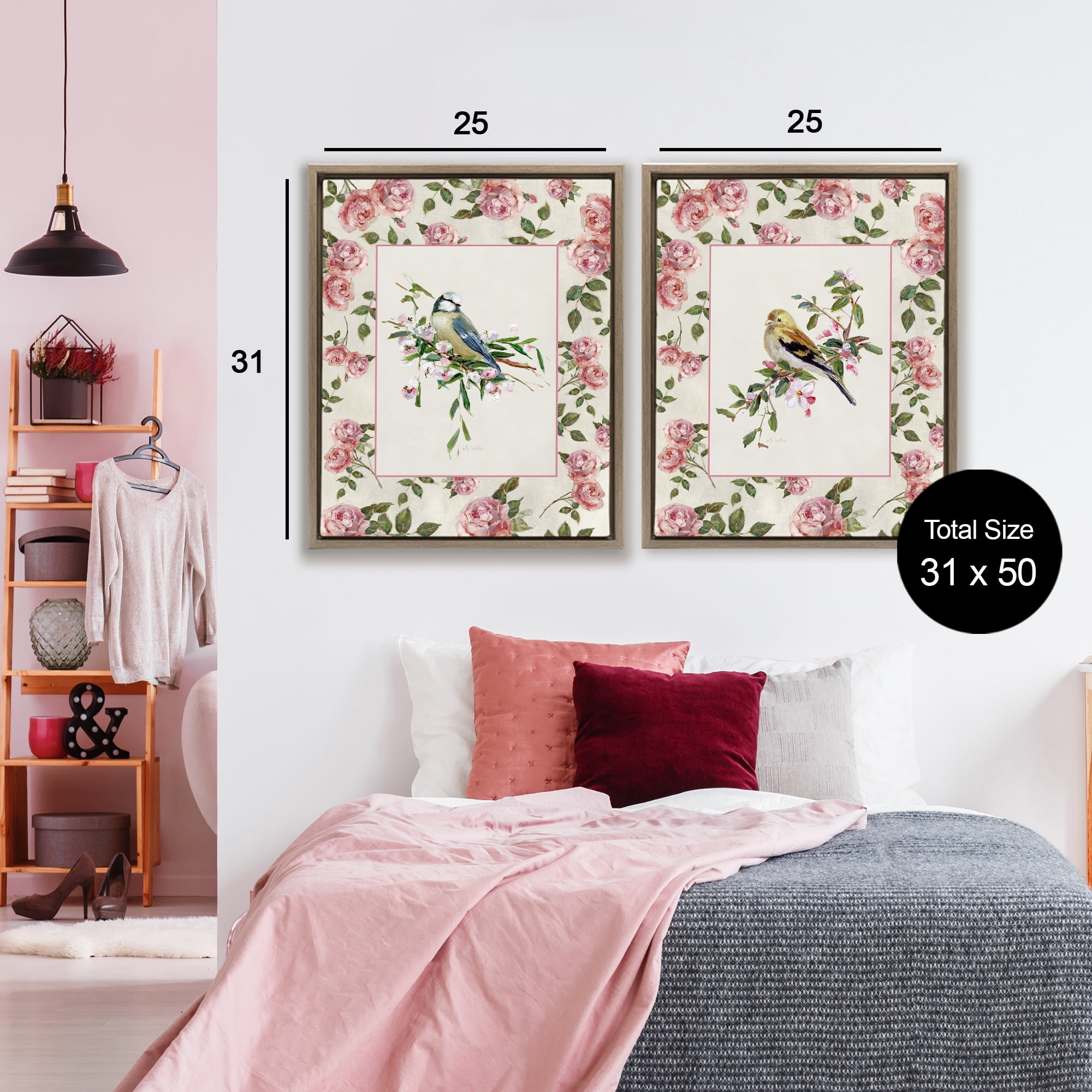 Stupell Industries Dainty Roses & Birds 2 Piece Brown Framed Floater Canvas Set, design by Sally Swatland