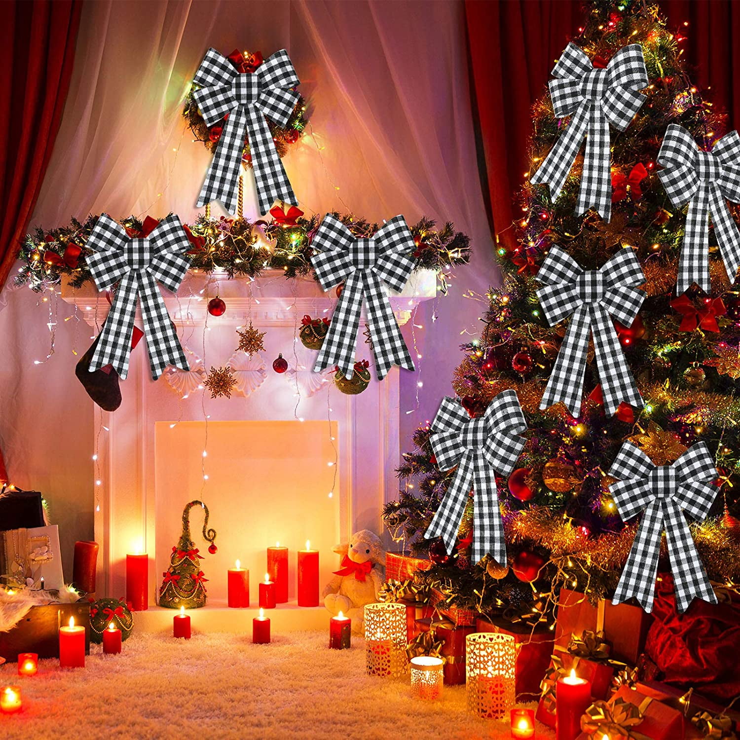 6 Pack Christmas Plaid Bows Set Buffalo Check Bow Decoration for Xmas Tree Home Decor - Black and White