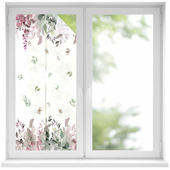 Vintage Red Green Window Privacy Film, Spring Botanical Summer Eucalyptus Leaves Static Cling UV Sun Blocking Heat Control Window Tint, Non-Adhesive One Way Windows Privacy Cover 17.7''x39.3''