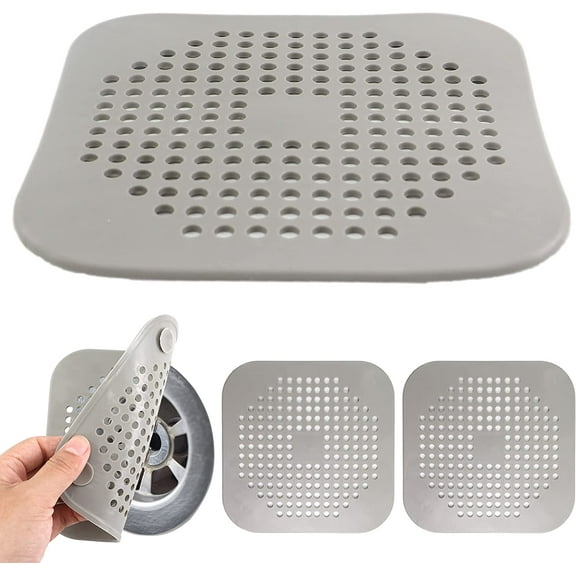 Shower Drain Hair Catcher Durable Silicone Drain Cover, Tub Drain Hair Catcher with Suction Cups, Suitable for Bathroom, Bathtub, Kitchen - Pack of 4 (Grey)