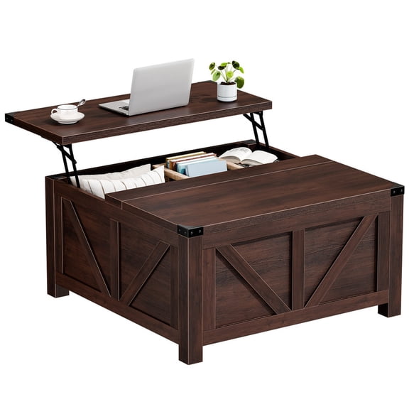Gianna Lift Top Coffee Table with Storage and Charging Station, Square Center Table with USB Ports and Hidden Space for Living Room,Brown