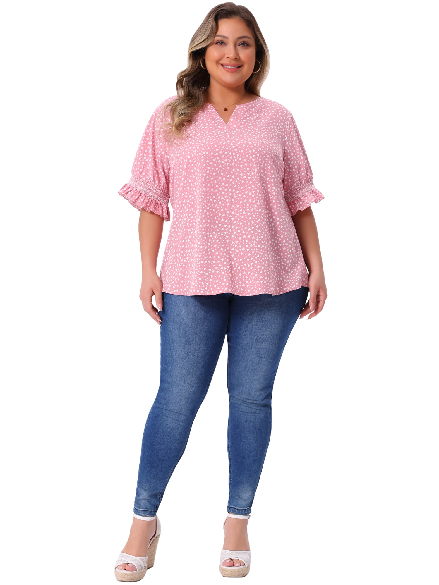 DARING DIVA Women's Plus Size Dots Heart Smocked Short Sleeve Blouse 2X Pink