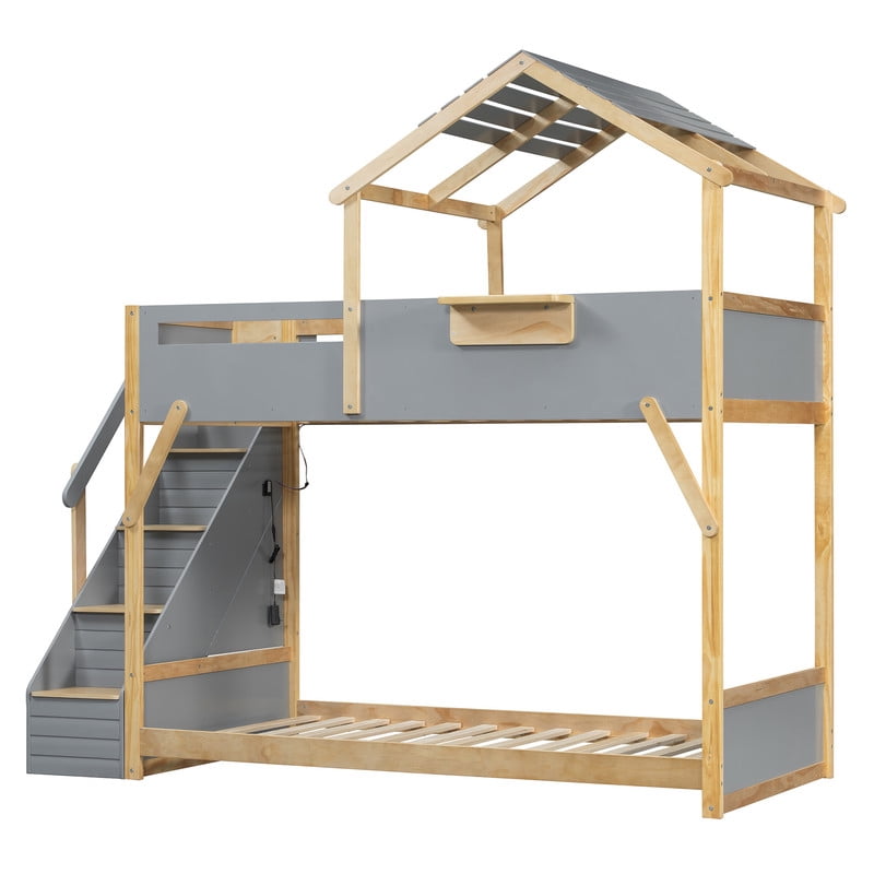 Twin Over Twin House Bunk Bed with Stairs, 3-Color LED Lights and Storage Shelf, Wooden Bunk Bed Frame with Guardrails and Roof Frame for Kids Bedroom