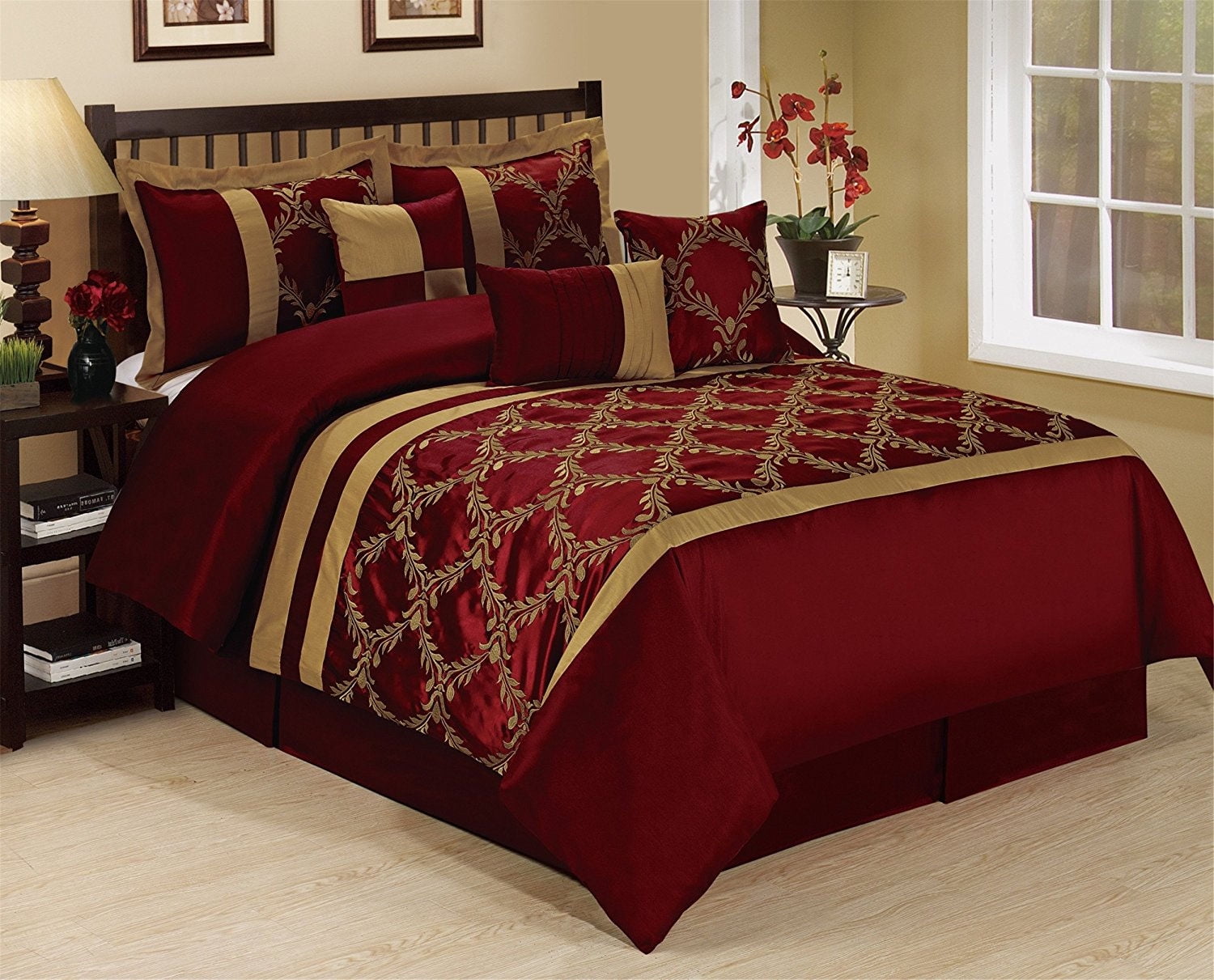 RED FLORAL BEDDING SET 7-Piece Bedsheet Comforter Pillowcase Multiple Sizes 