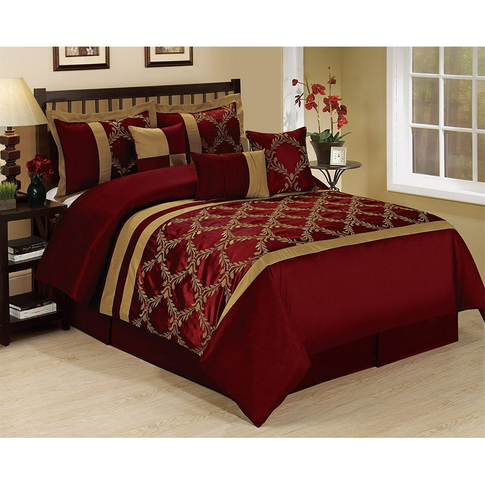 Unique home 7 piece claremont burgundy gold lattice leaves embroiderd 