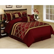 Unique Home 7 Piece CLAREMONT Burgundy Gold Lattice Leaves Embroiderd Bed In A Bag Clearance bedding Comforter Duvet Set Fade Resistant, Super Soft, All Size- in Queen King Cal.King(King, Burgundy)