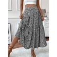 thumbnail image 5 of Women'S High Elastic Waist Midi Skirt Casual Summer Trendy Flowy Ruffle Floral Print A Line Skirts Black Flower L, 5 of 8
