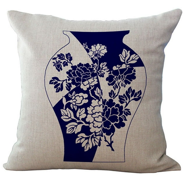Housse de Coussin en Coton et Lin Bleu et Blanc Floral Élan 18x18 Pouces
