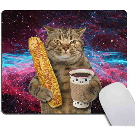 Funny cat Mousepad The Cat is Holding a Cup of Black Coffee and a Baguette with Galaxy Design Customized Rectangle Non-Slip Rubber Mousepad Gaming Mouse Pad
