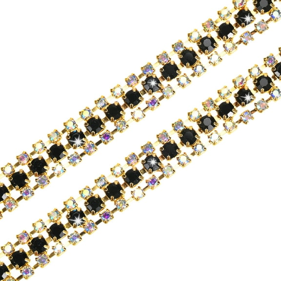 Uxcell 2 Pack Crystal Rhinestone Close Chain Trim 3 Rows 1 Yard Dress Embellishments Gold-Based AB Black