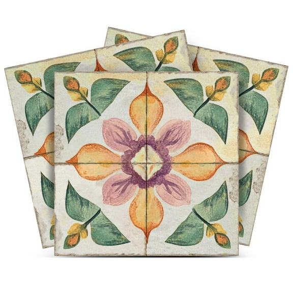Mi Alma Floral Purple Orange Tile Stickers - Removable Vinyl 4x4, 24 pcs