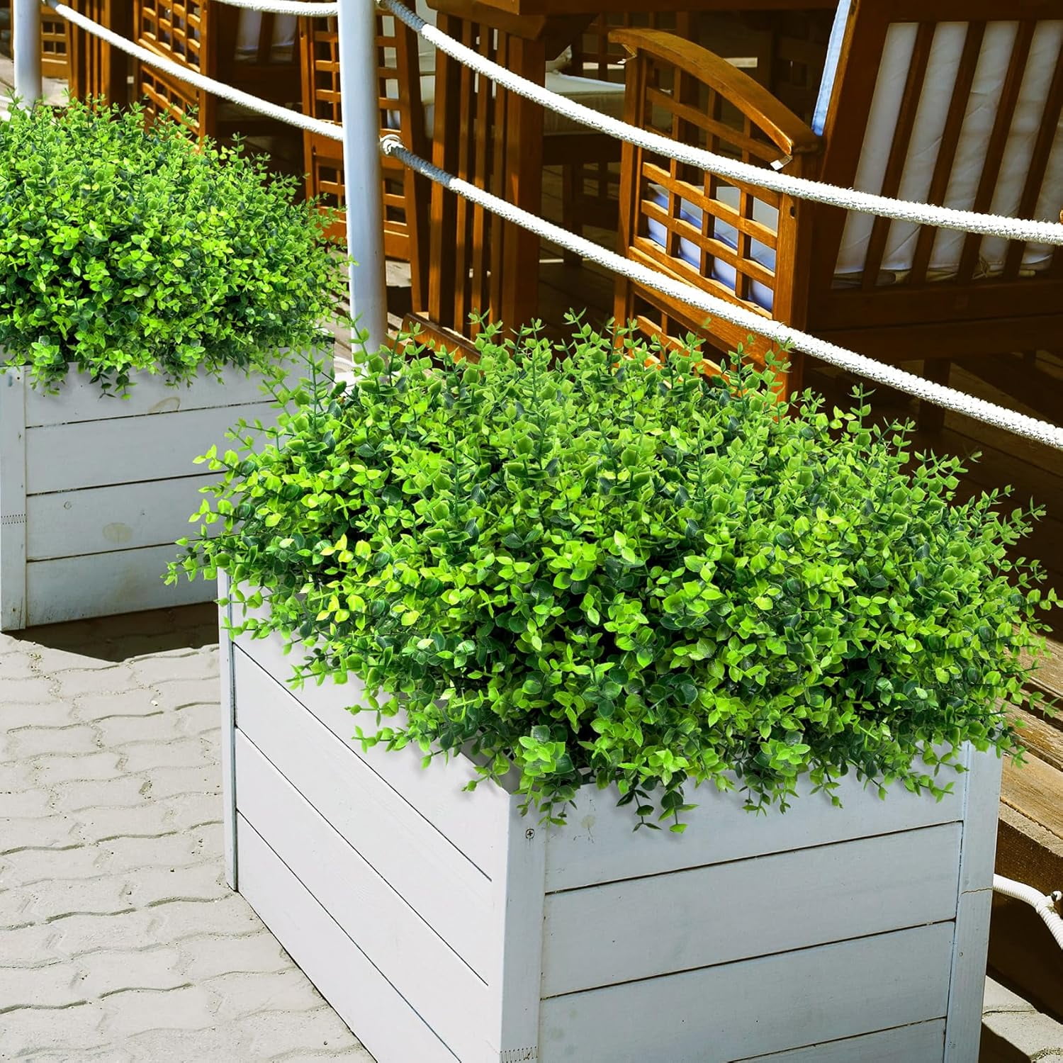 12 Bundles Greenery Artificial Plants Outdoors, Eucalyptus Stems UV Resistant Fake Foliage Plants Faux Boxwood Shrubs Indoor Decorations Artificial Flowers for Garden Pot Porch Fence Hanging Planter