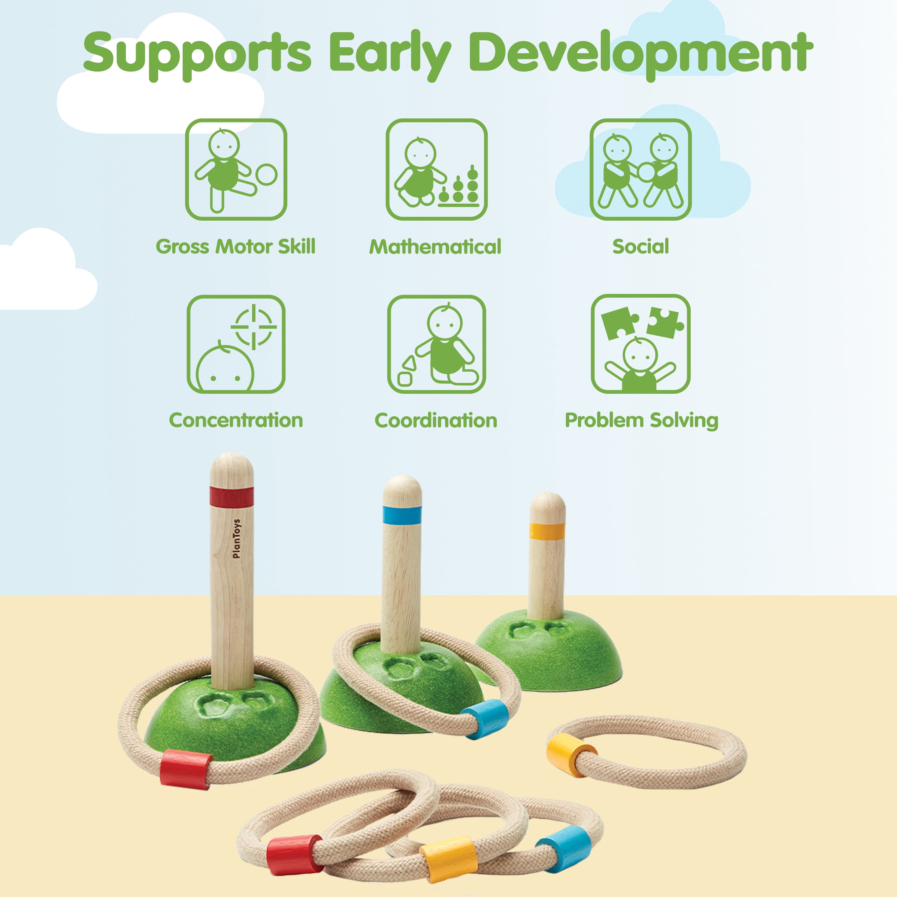 PlanToys® Meadow Ring Toss Wooden Montessori Coordination and Gross Motor Toy | Focus, Aim, Balance and Movement Development Activity | Eco Friendly Outdoor and Indoor Learning Game