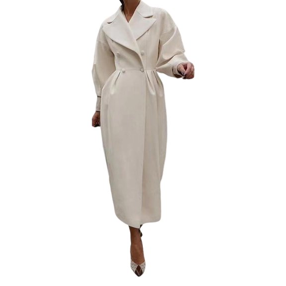 Women Woolen Jacket Turn-down Collar Solid Color Double-breasted Coat Retro Royal Style Thermal Long Lantern Sleeves Commuting Dating Spring Fall Winter Overcoat