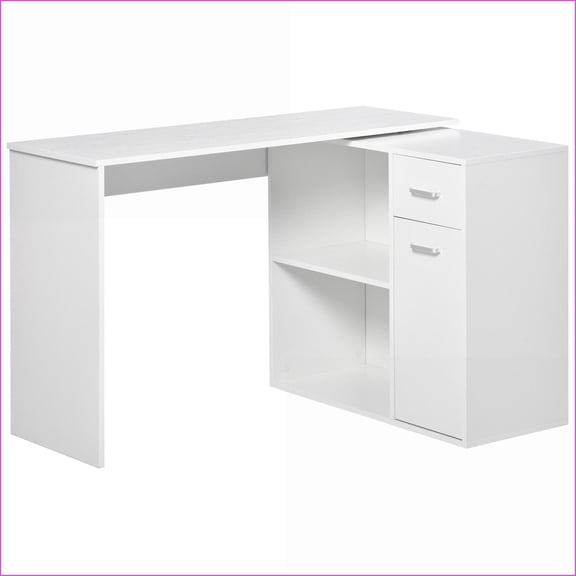 Desks, Modern L-Shaped 180° Rotating Corner Desk with Storage, Drawer & Cabinet | White | P2 Particle Board