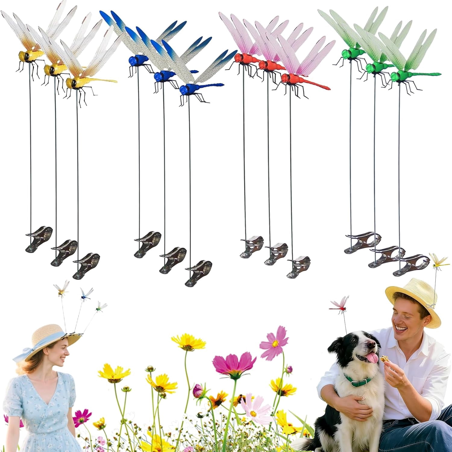 HaCpiu 8Pcs Dragon Fly Clips for Bugs Repellent, 12" Decorative Dragonfly Garden Stakes, 3D Realistic Insect Shape Decoration for Patio, Lawn, Outdoor Hanging Ornament & Garden Decor