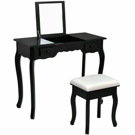 Gymax Bathroom Mirrored Vanity Set Make-up Dressring Table Stool Desk Furniture Black