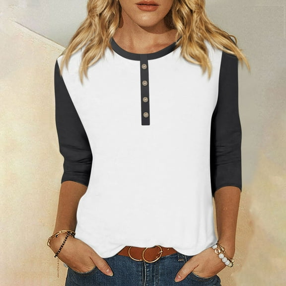 Summer Women Shirt Women's Fashion Casual Round Neck 3/4 Sleeve Color Block Button T-shirt Top