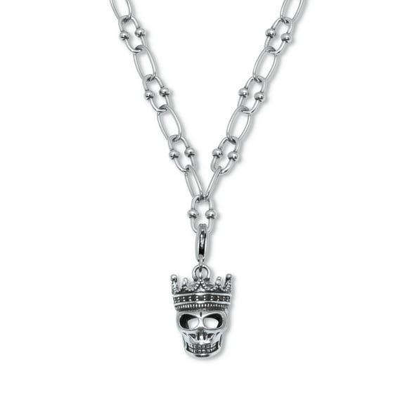 Round Black Crystal Antiqued Silvertone Skull Pendant Necklace 28-inch