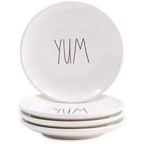 Rae Dunn by Magenta ceramic Salad Appetizer Dessert 8 inch Small PlatesYUM in large letters- Set of 4 Plates