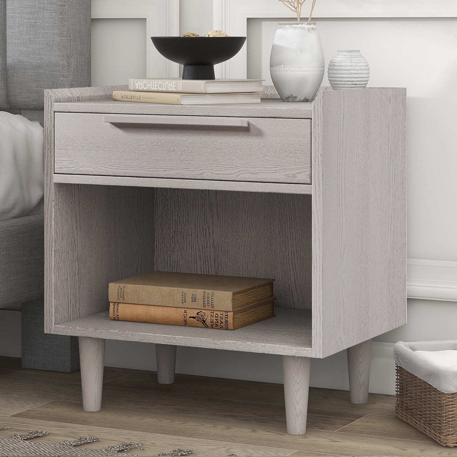 Kadyn Nightstand Side Table, Modern End Table with One-Drawer and Solid Wood Legs, Solid Wood Nightstand for Bedroom, Stone Gray Kadyn Nightstand Side Table, Modern End Table with One-Drawer and Solid Wood Legs, Solid Wood Nightstand for Bedroom, Stone Gray