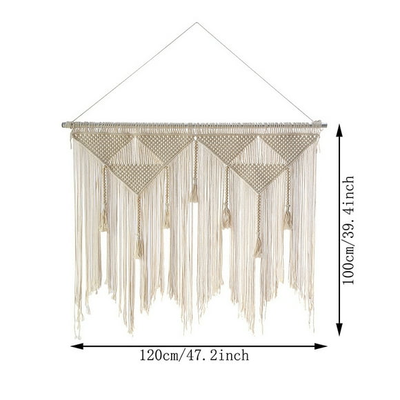 Macrame Wall Hanging Boho Woven Tapestry, Beige White Tassel Decor Curtain for Home Backdrop (Wood Stick Not Included)