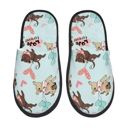 Balery Cute Pug Dogs Slient Indoor Furry Fleece Comfort House Shoes Soft Non-Slip Home Shoes Cotton slippers House Slippers-- Large