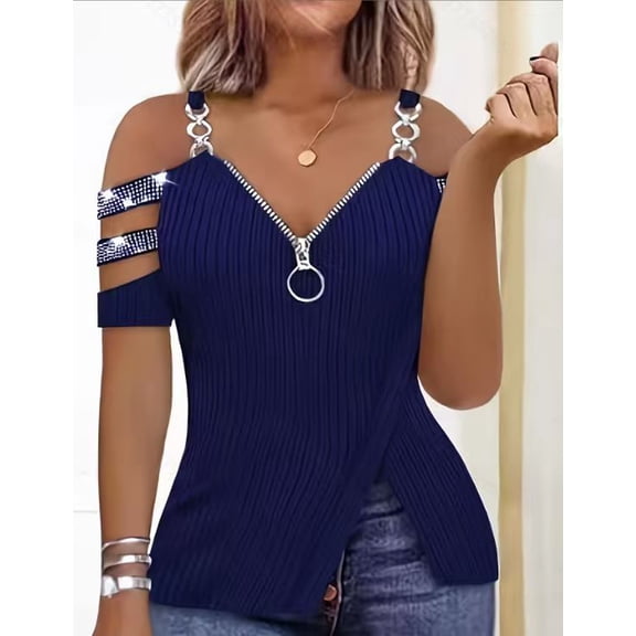 Women's Ribbed Cold Shoulder Top, Chain Strap V Neck Zip Cutout Short Sleeve Asymmetric Split Hem Summer Blouse