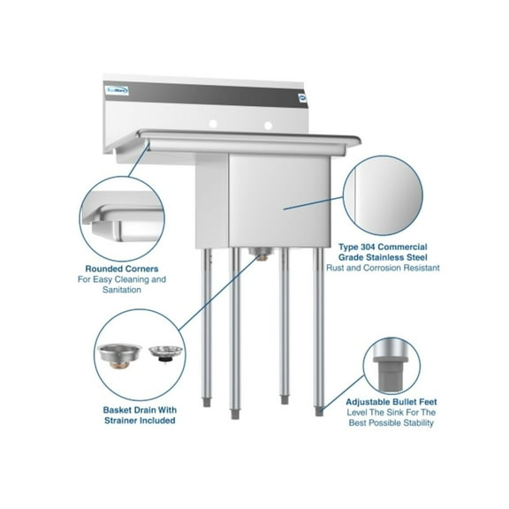 KoolMore 1 Compartment Stainless Steel NSF Commercial Kitchen Prep & Utility Sink with 2 Drainboards - Bowl Size 14" x 16" x 11", Silver
