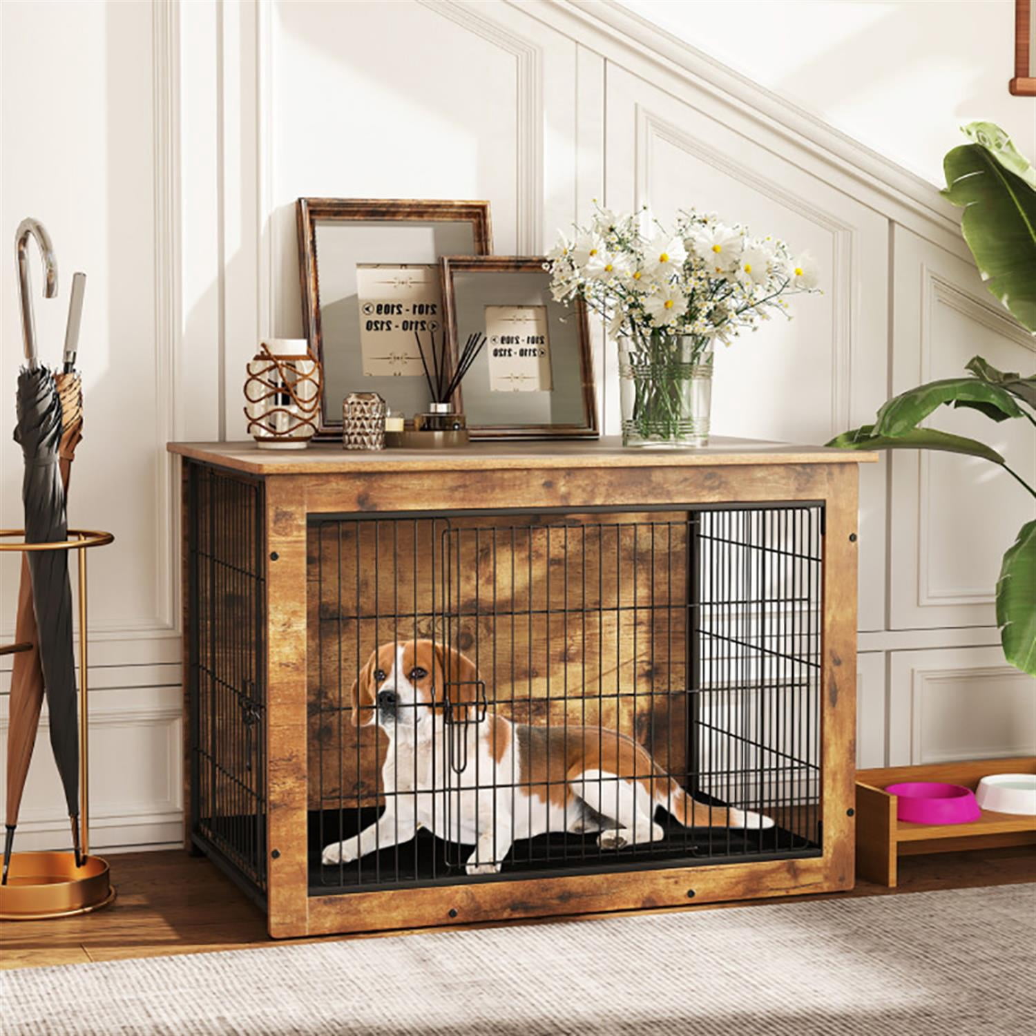Demi Bonn 37" Dog Crate Furniture with Cushion, Wooden Kennel Table with Double Doors, Indoor Dog House for Medium Dogs, Brown