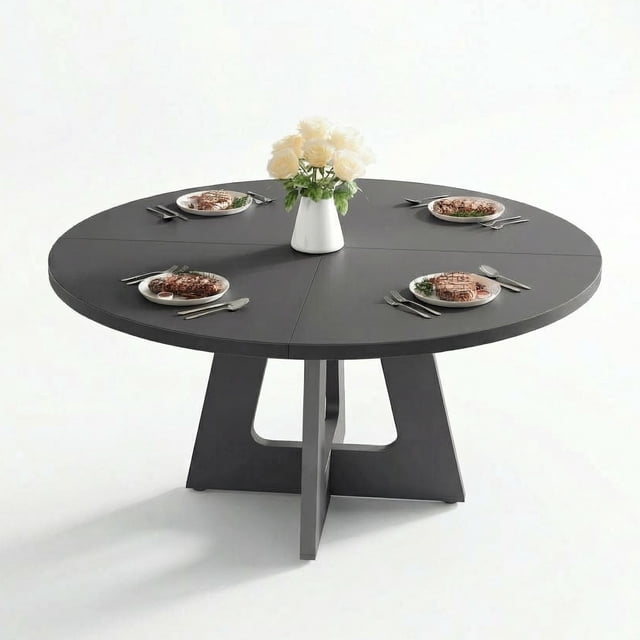 47 In Round Dining Table for 4-6 People, Dining Room Table with Wooden Pedestal Base, Black Dinner Tables , Circle Kitchen Tables for Dining Room, Kitchen, Living Room(Table Only)