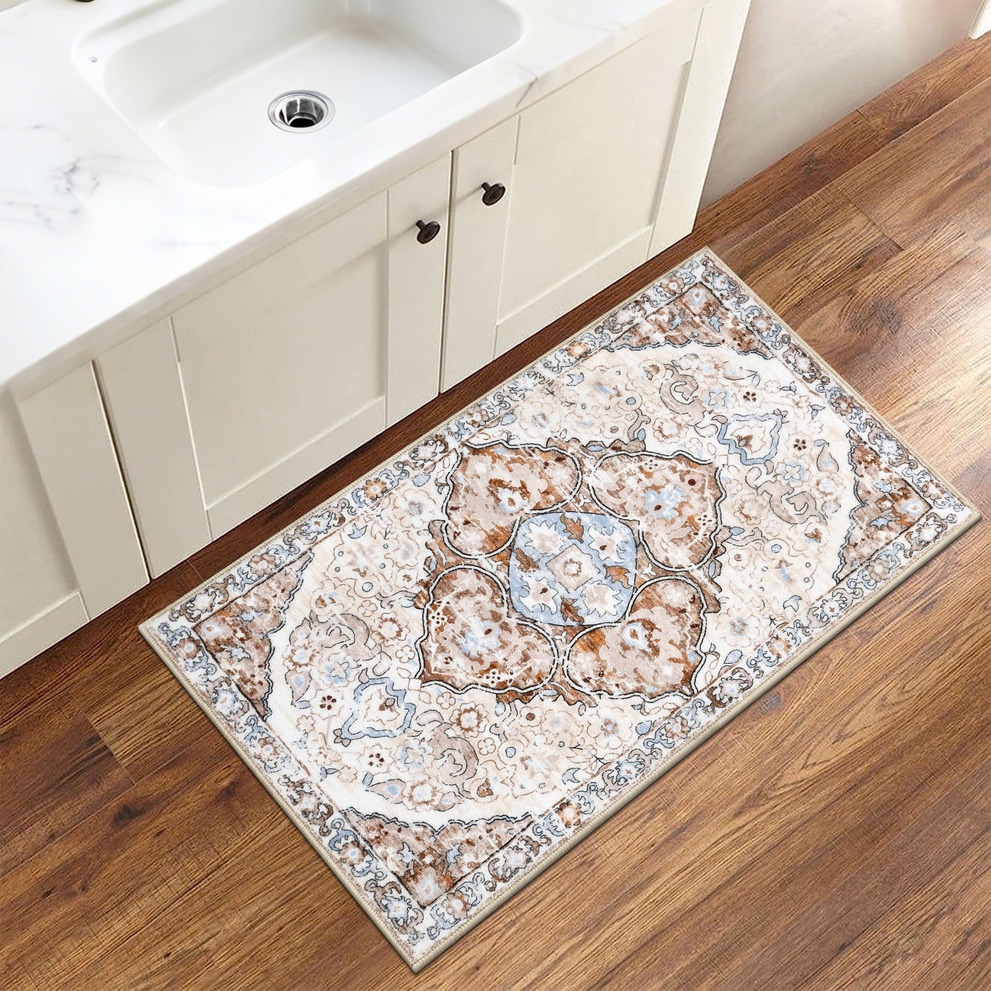 MeyJey Boho Indoor Living Room Area Rug 3'x5', Non-Slip Machine Washable Vintage Oriental Distressed Floor Carpet for Bedroom Dining Kitchen Hallway, Beige/Brown