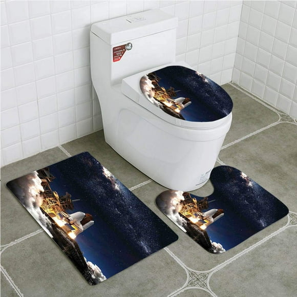 JSDART Galaxy Shuttle on Take off Discovery Mission to Explore Galaxy Spaceship Solar 3 Piece Bathroom Rugs Set Bath Rug Contour Mat and Toilet Lid Cover